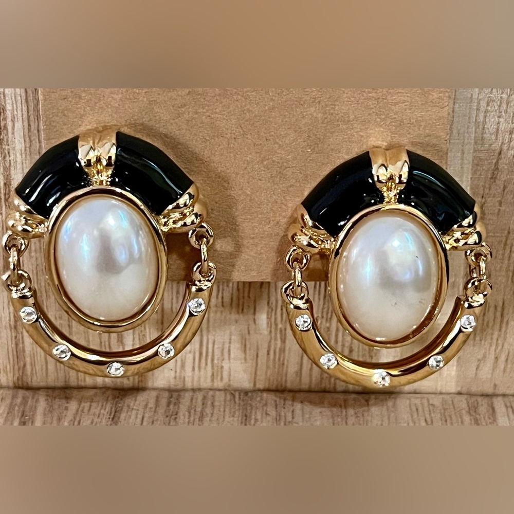 VTG André Courrèges Paris 80s Gold Black Pearl Door Knocker Clip On Earrings - Picture 15 of 17